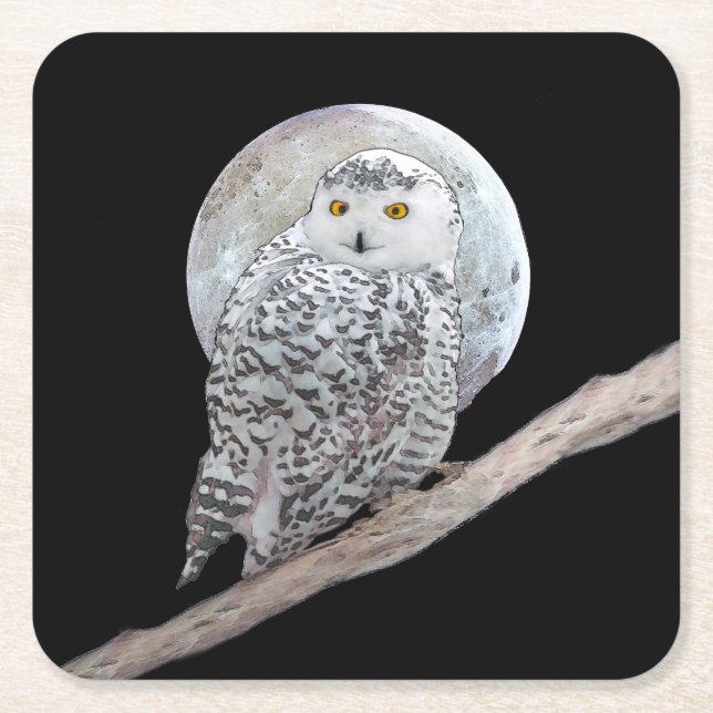 Snowy Owl and Moon Painting - Original Bird Art Square Paper Coaster (Front)