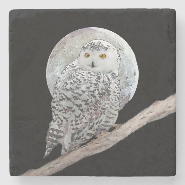 Snowy Owl and Moon Painting - Original Bird Art Stone Coaster (Front)