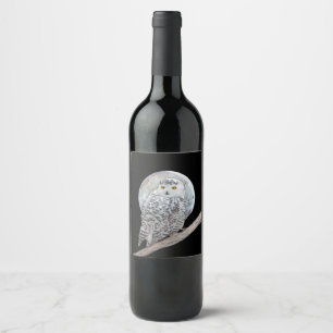 Snowy Owl and Moon Painting - Original Bird Art Wine Label