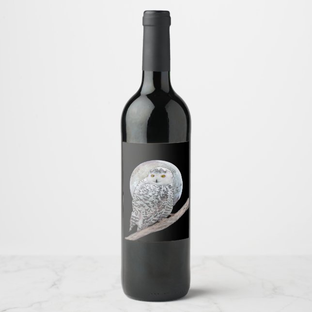 Snowy Owl and Moon Painting - Original Bird Art Wine Label (Front)