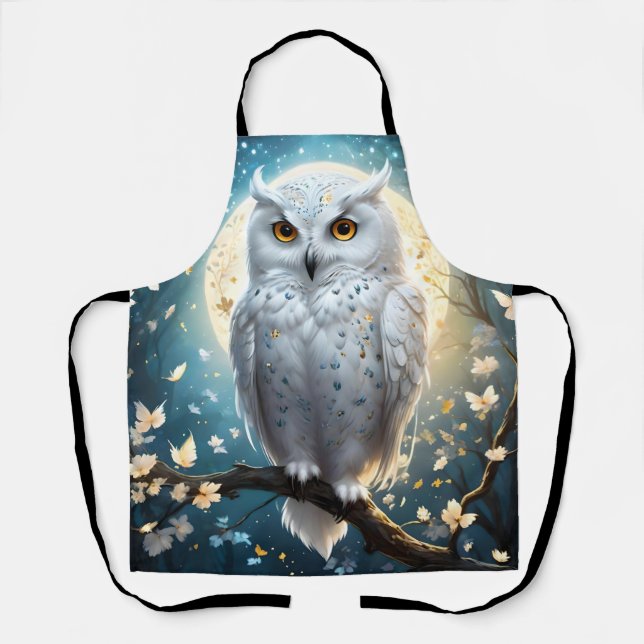 Snowy Owl And Moon With Sparkle, Apron (Front)