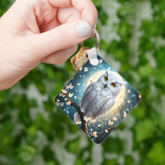 Snowy Owl And Moon With Sparkle, Keychain (Hand)