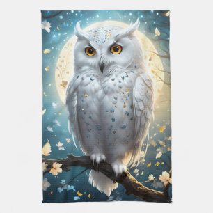 Snowy Owl And Moon With Sparkle, Kitchen Towel