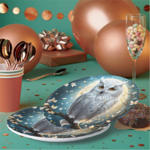 Snowy Owl And Moon With Sparkle, Paper Plate