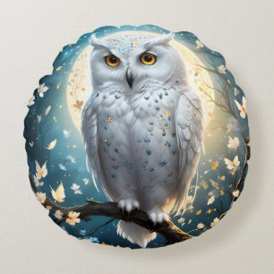 Snowy Owl And Moon With Sparkle, Round Pillow
