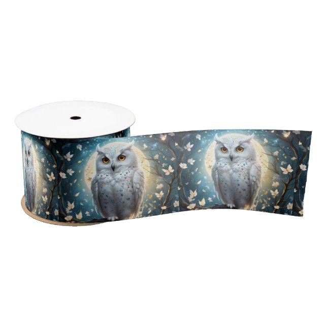Snowy Owl And Moon With Sparkle, Satin Ribbon (Spool)