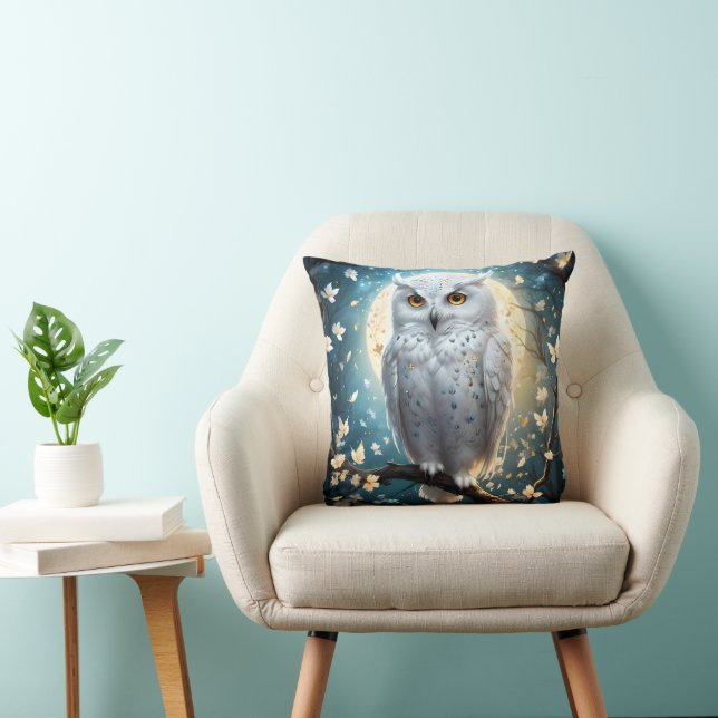 Snowy Owl And Moon With Sparkle, Throw Pillow (Chair)