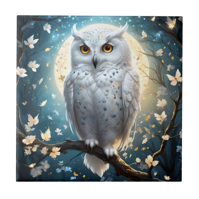 Snowy Owl And Moon With Sparkle, Tile (Front)