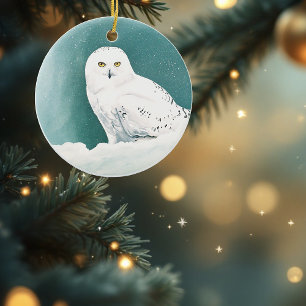 Snowy Owl Arctic Winter Sky Snow Teal Ceramic Ornament
