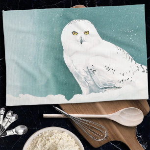 Snowy Owl Arctic Winter Sky Snow Teal Kitchen Towel