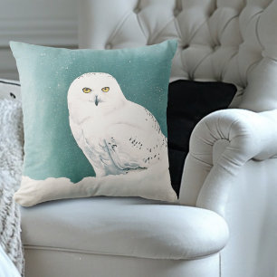 Snowy Owl Arctic Winter Sky Snow Teal Throw Pillow