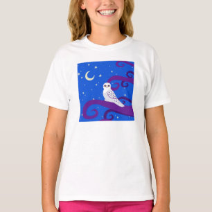 Snowy Owl Crescent Moon Night Forest Art T-Shirt