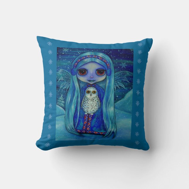 Snowy Owl Fairy Winter Wonderland Big Eyes Cute Throw Pillow (Front)