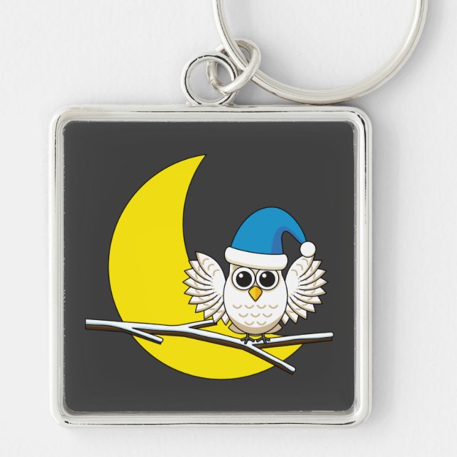 Snowy Owl in a New Moon Winter Night Keychain (Front)