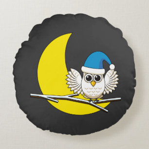 Snowy Owl in a New Moon Winter Night Round Pillow