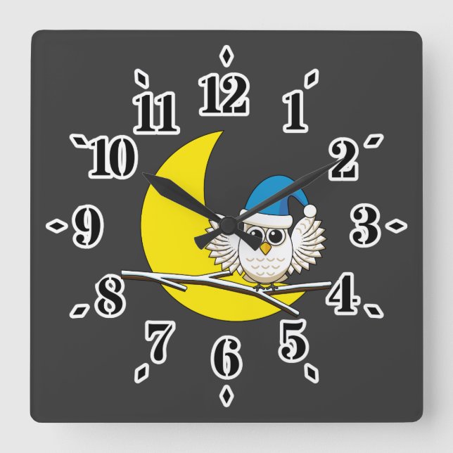 Snowy Owl in a New Moon Winter Night Square Wall Clock (Front)