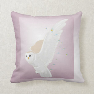 Snowy Owl in Flight on Lavender Background Throw Pillow
