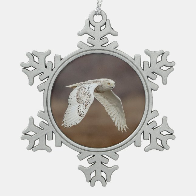 Snowy owl in flight snowflake pewter christmas ornament (Front)