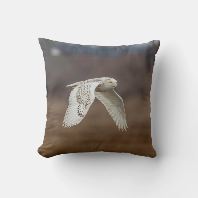 Snowy owl in flight throw pillow (Front)
