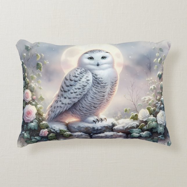 Snowy Owl in Moonlit Winter Garden Accent Pillow (Front)