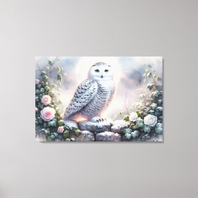 Snowy Owl in Moonlit Winter Garden Canvas Print (Front)