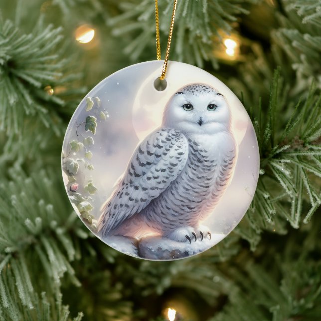 Snowy Owl in Moonlit Winter Garden Ceramic Ornament (Tree)