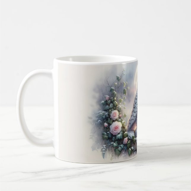 Snowy Owl in Moonlit Winter Garden Coffee Mug (Left)