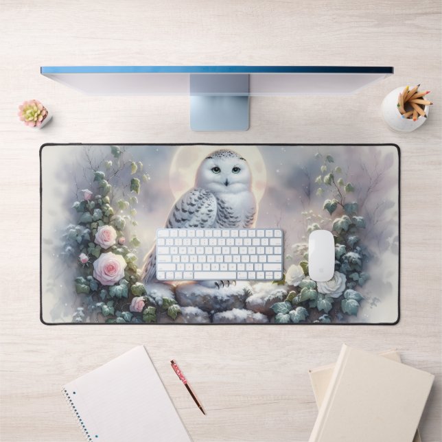 Snowy Owl in Moonlit Winter Garden Desk Mat (Office 1)