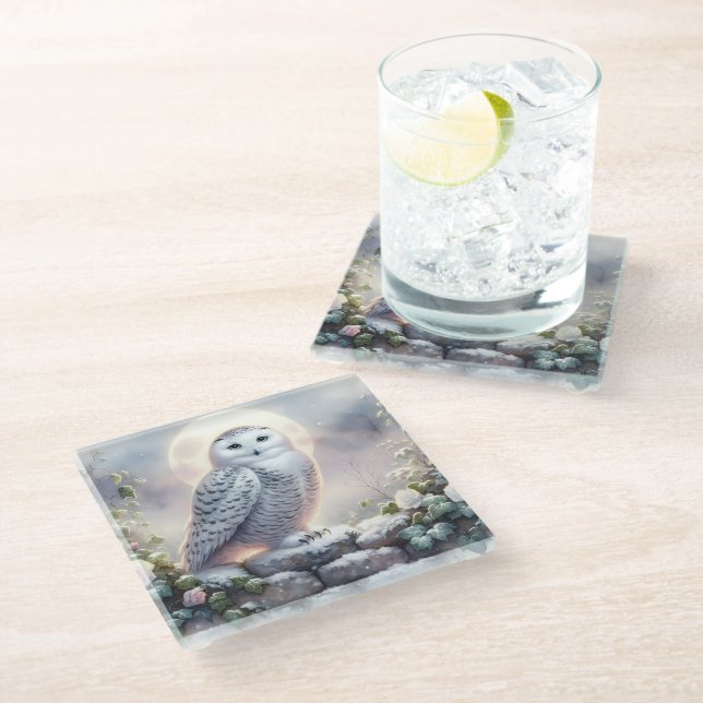 Snowy Owl in Moonlit Winter Garden Glass Coaster (Angled)