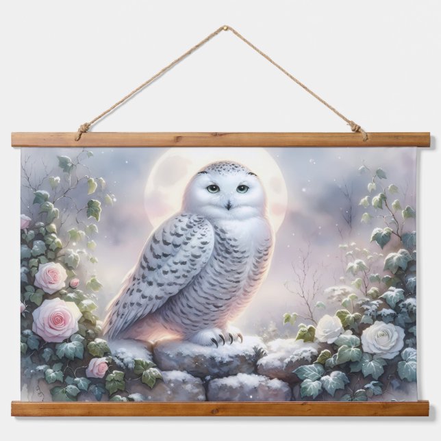 Snowy Owl in Moonlit Winter Garden Hanging Tapestry (Front)