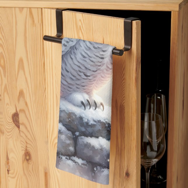 Snowy Owl in Moonlit Winter Garden Kitchen Towel (Thirds Fold)