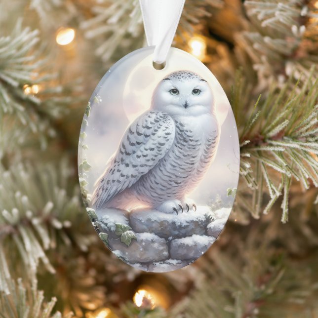 Snowy Owl in Moonlit Winter Garden Ornament (Tree)