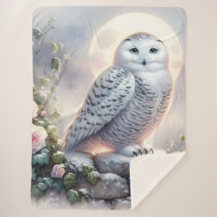 Snowy Owl in Moonlit Winter Garden Sherpa Blanket