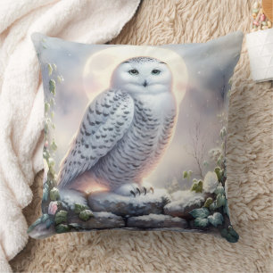 Snowy Owl in Moonlit Winter Garden Throw Pillow
