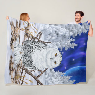 Snowy Owl in Snow Dark Blue Sky Fleece Blanket