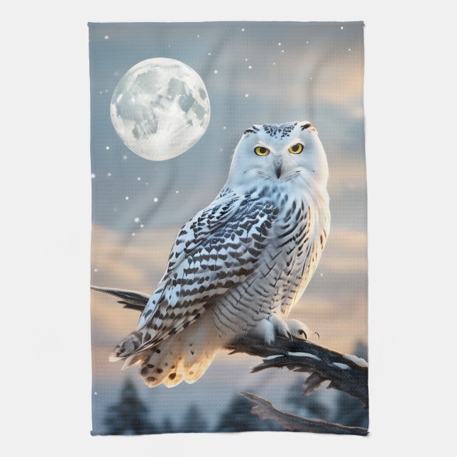Snowy Owl in Winter Moonlight with Snow Falling Kitchen Towel (Vertical)