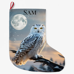 Snowy Owl in Winter Moonlight with Snow Falling Large Christmas Stocking