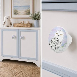Snowy Owl In Winter Sunset Colour Pencil Ceramic Knob