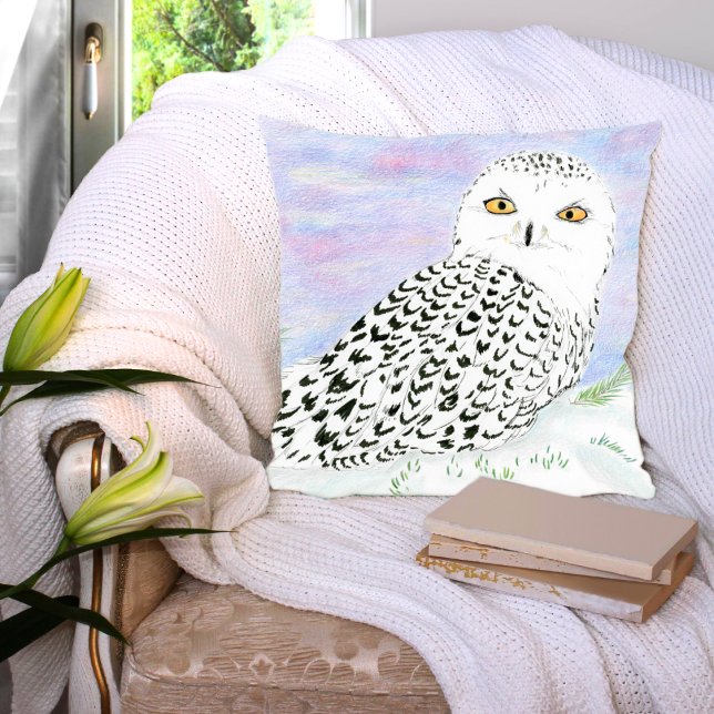 Snowy Owl In Winter Sunset Colour Pencil Throw Pillow (Creator Uploaded)