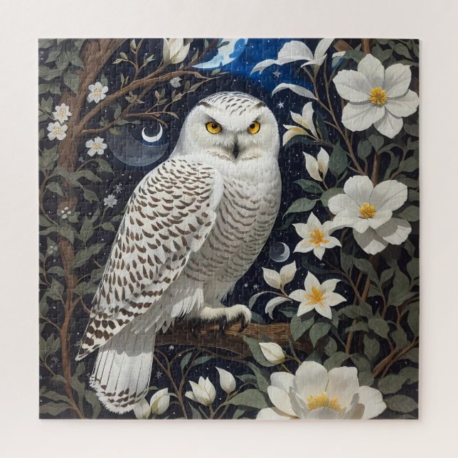 Snowy Owl Moonlight Moonflowers Jigsaw Puzzle (Vertical)
