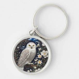 Snowy Owl Moonlight Moonflowers Keychain