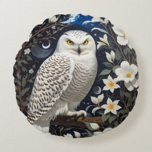 Snowy Owl Moonlight Moonflowers Round Pillow