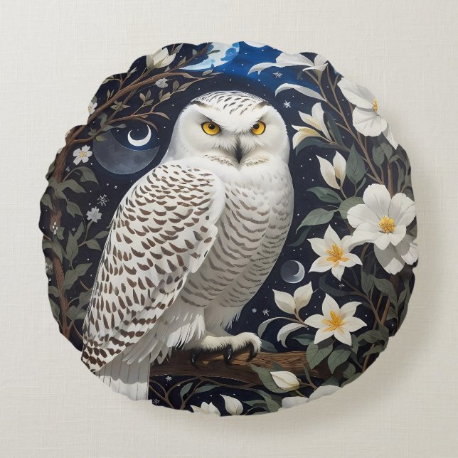 Snowy Owl Moonlight Moonflowers Round Pillow (Front)