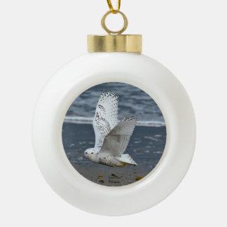 Snowy Owl on a Beach  Ceramic Ball Christmas Ornament