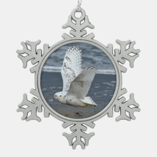 Snowy Owl on a Beach  Snowflake Pewter Christmas Ornament