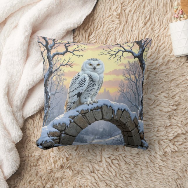 Snowy Owl On a Stone Arch Throw Pillow (Blanket)