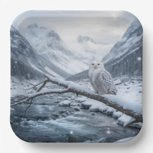Snowy Owl On a Winter Tree Branch Paper Plate