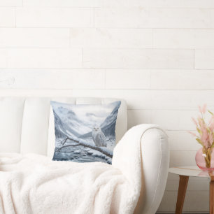 Snowy Owl On a Winter Tree Branch Throw Pillow