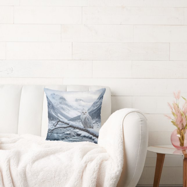 Snowy Owl On a Winter Tree Branch Throw Pillow (Couch)