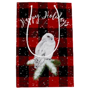 Snowy Owl On Buffalo Plaid  Medium Gift Bag